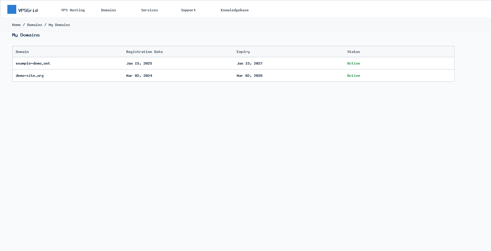 VPSGrid My Domains list in client area