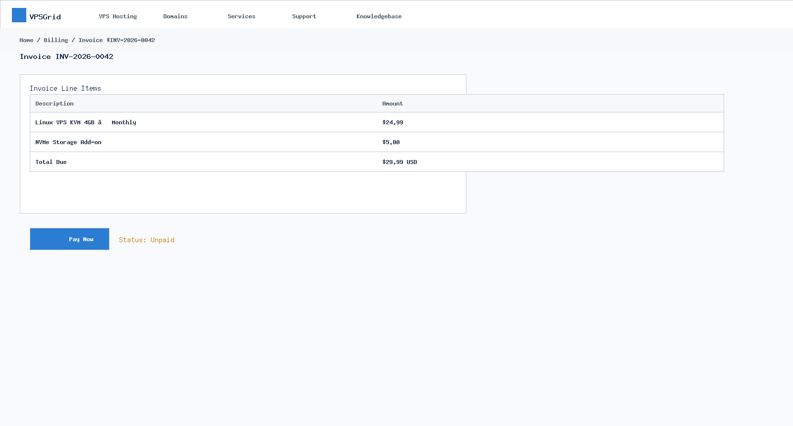 VPSGrid invoice detail page showing line items and Pay Now button
