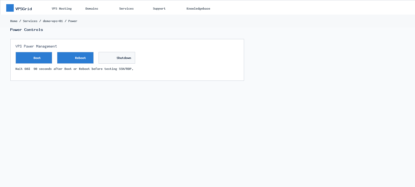 VPSGrid VPS power controls Boot Reboot Shutdown