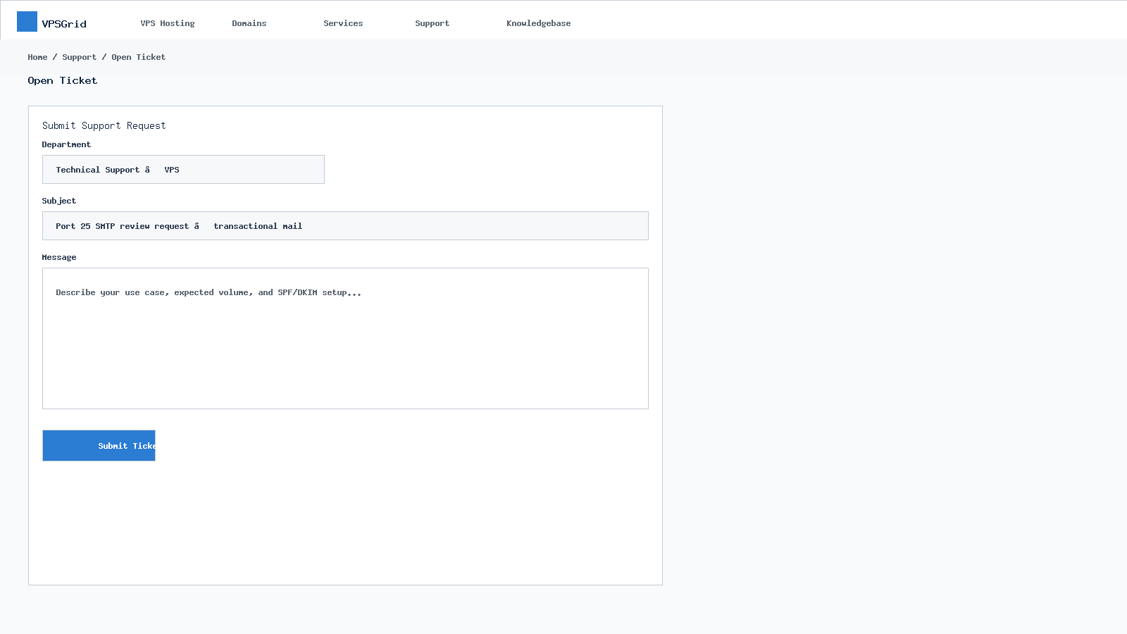 VPSGrid Open Ticket form