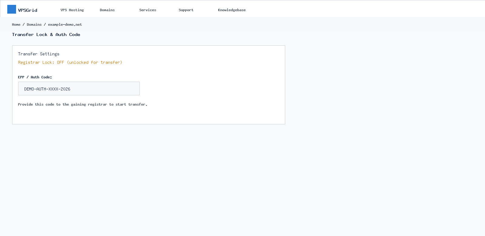 VPSGrid domain transfer lock and EPP auth code section