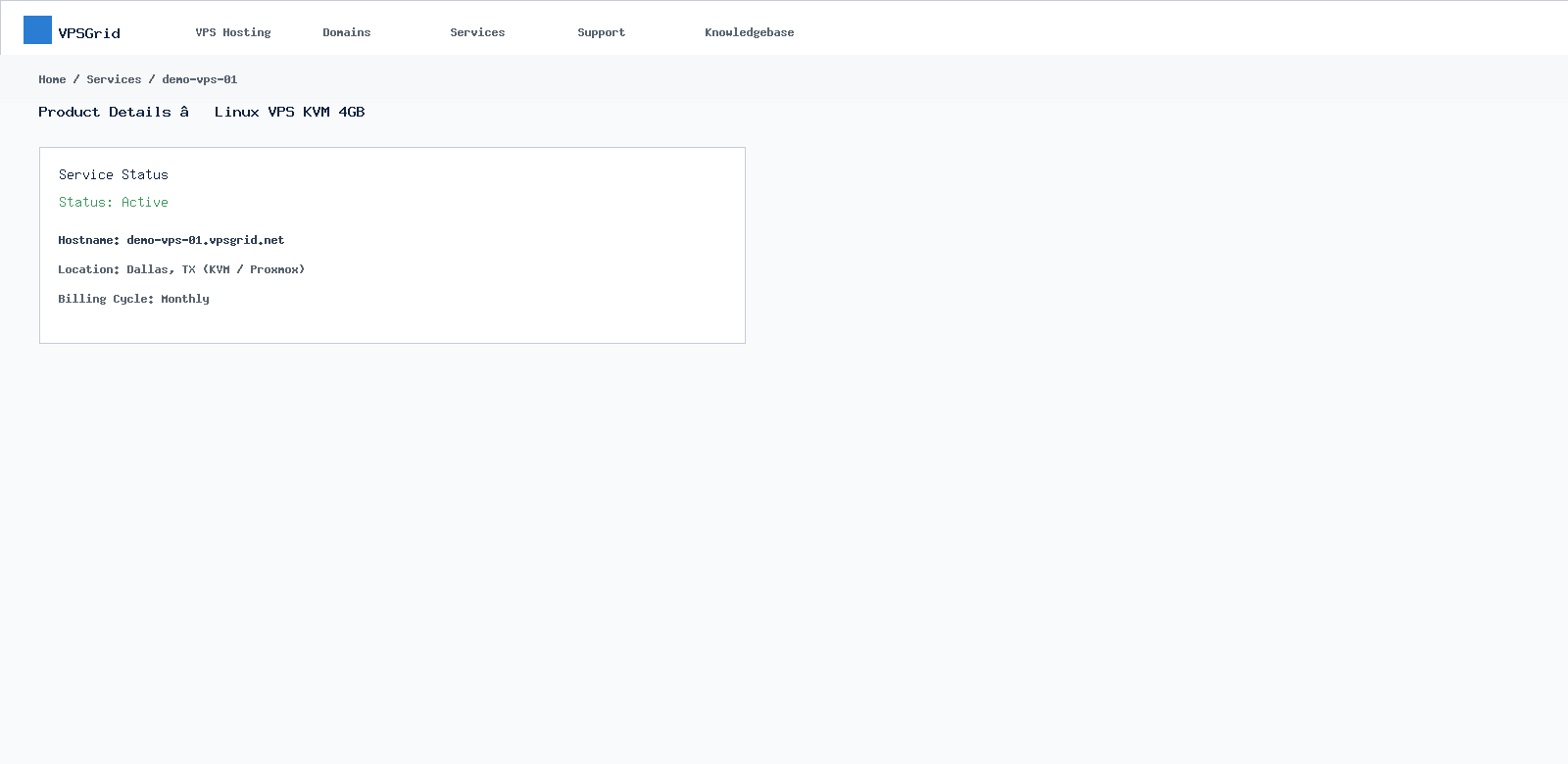 VPSGrid VPS service detail showing Active status